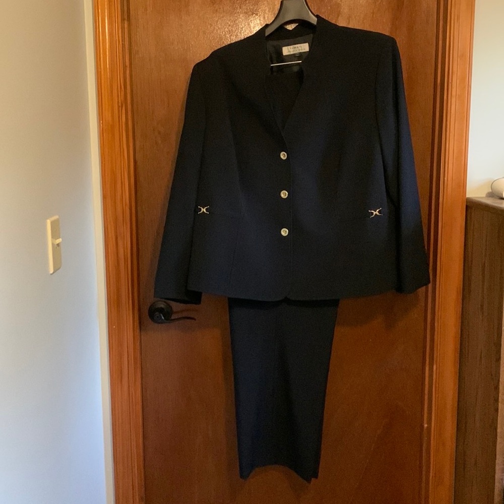 Tahari ASL Stand Collar Plus Size Navy Pantsuit with Gold Buttons